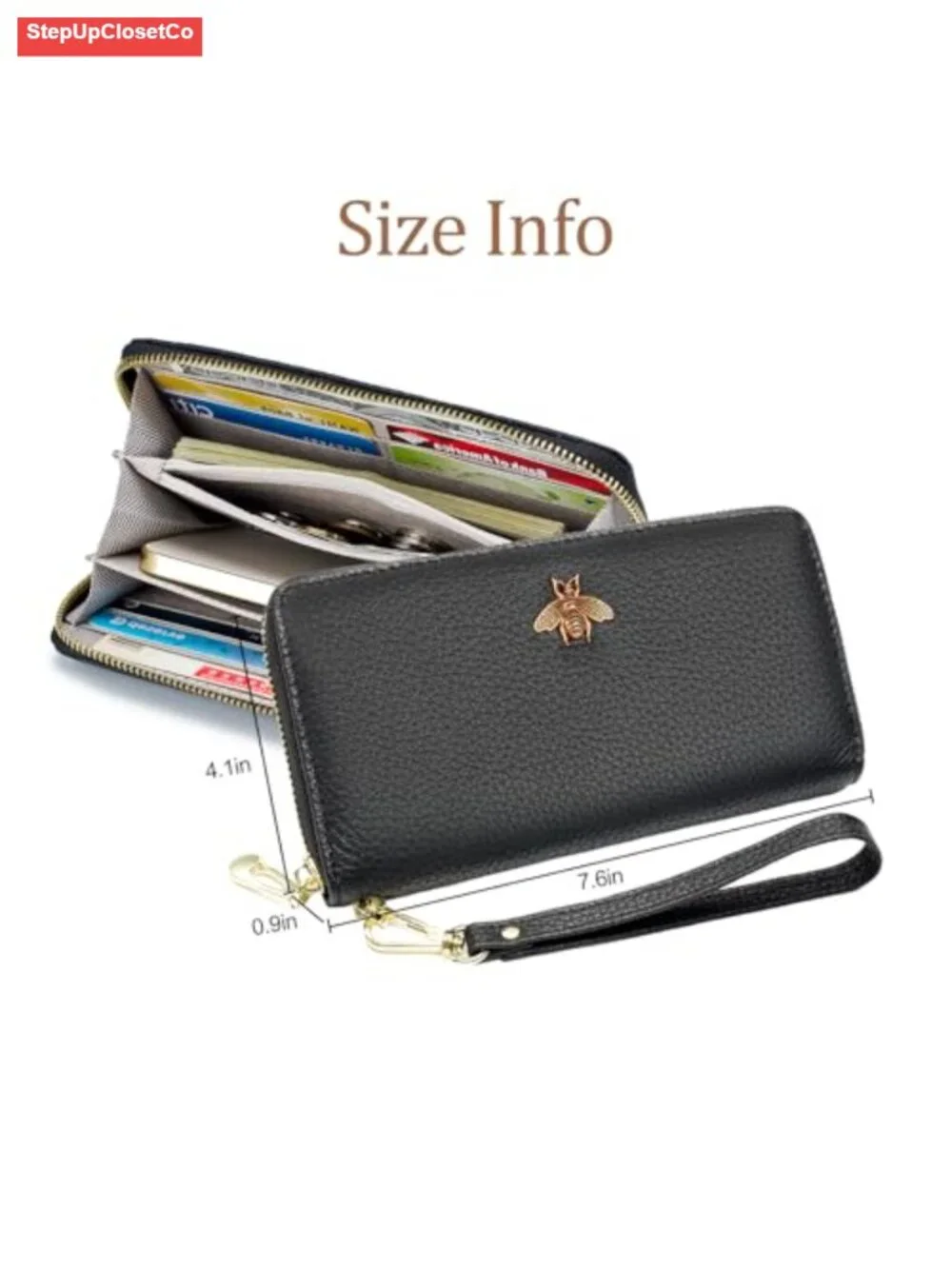 Genuine Leather Wristlet Wallet Clutch Purse with Bee Design for Women